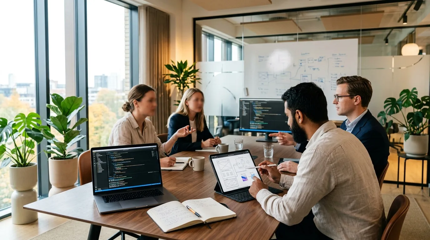 Software engineering consultants reviewing website architecture plans and digital wireframes in a modern conference room